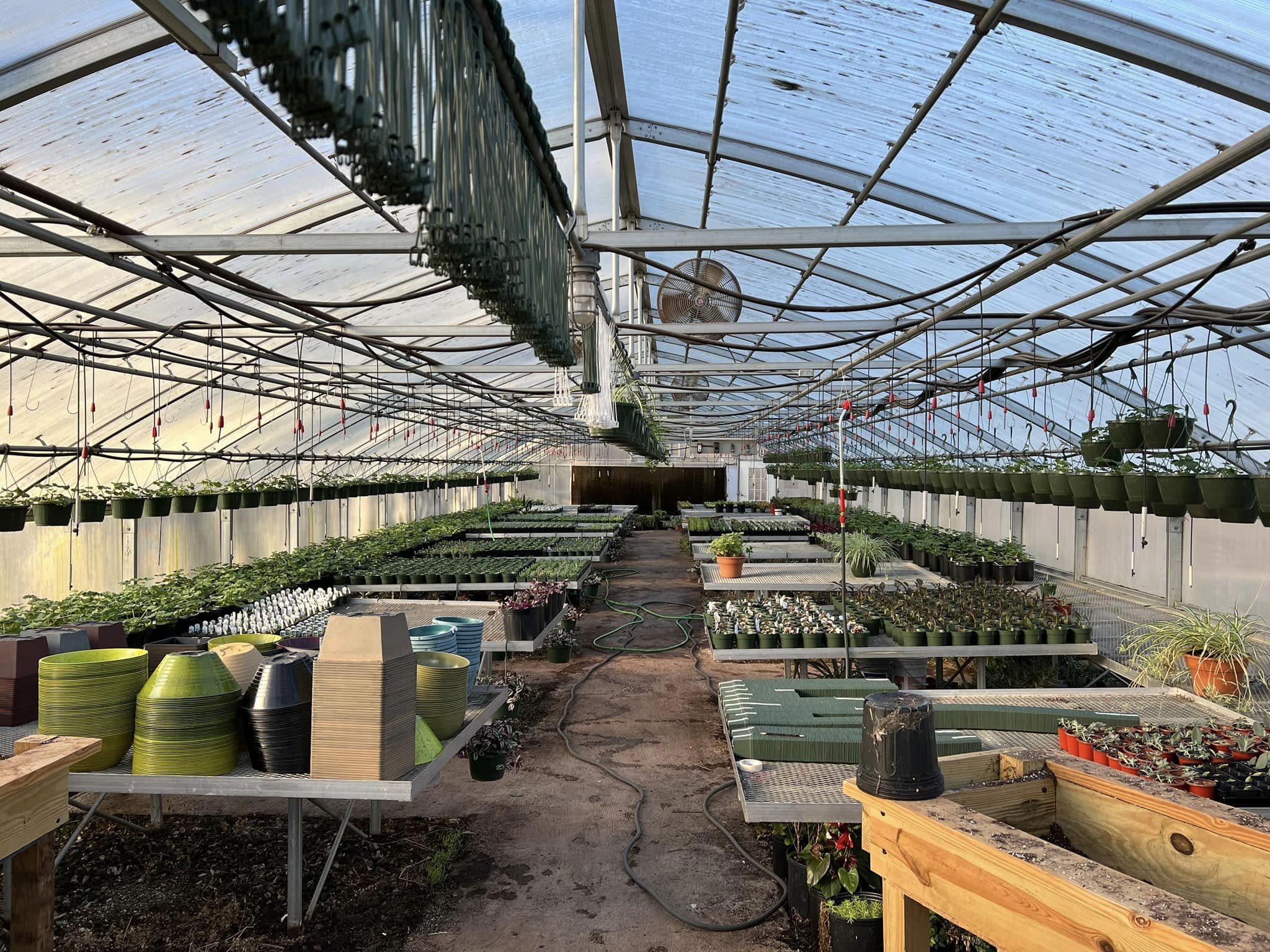 The greenhouse used for the Madison County High School FFA plant sale, with empty plant pots in the foreground