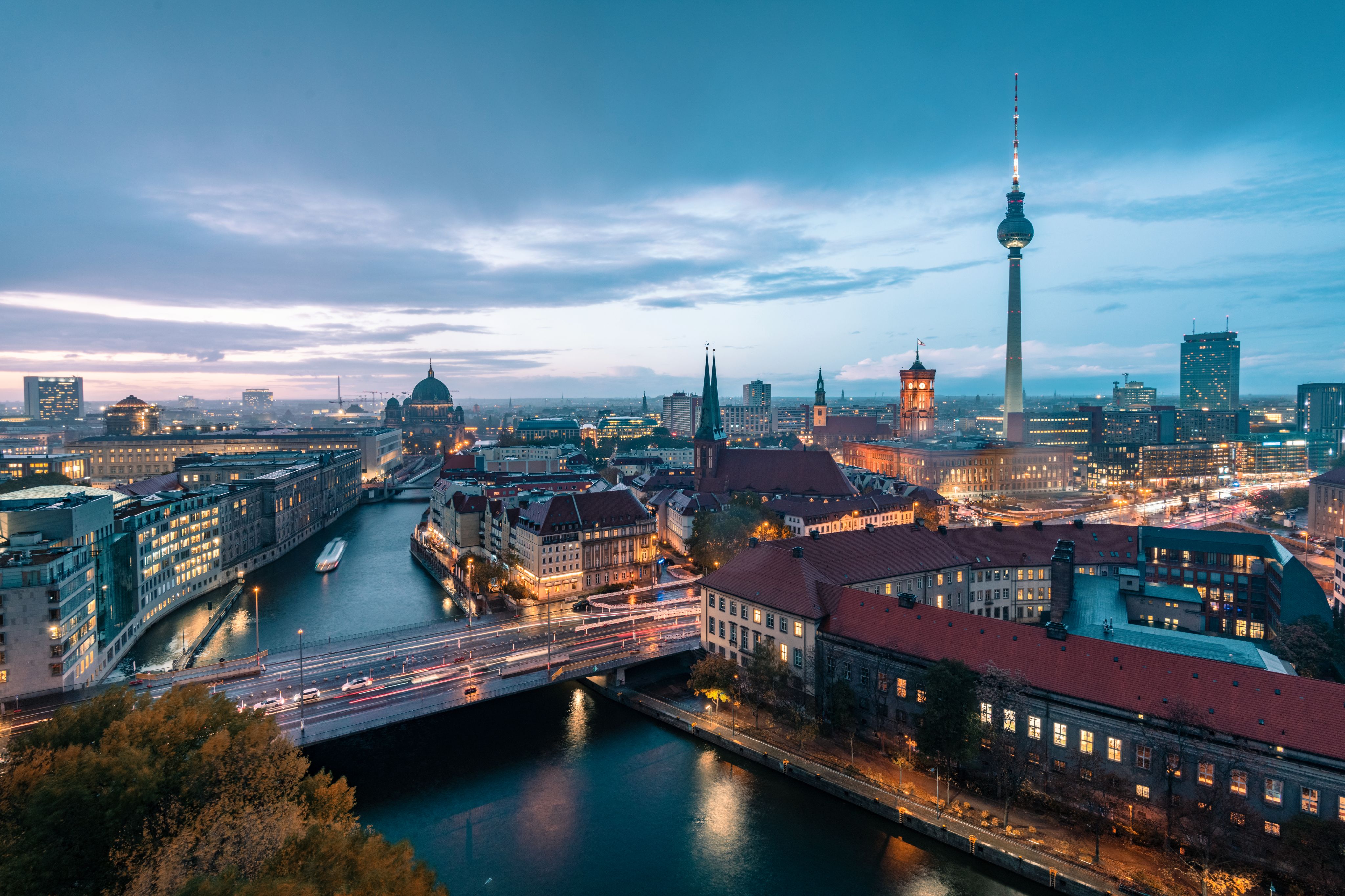 View over Berlin with tv-tower and cathedral at blue hour