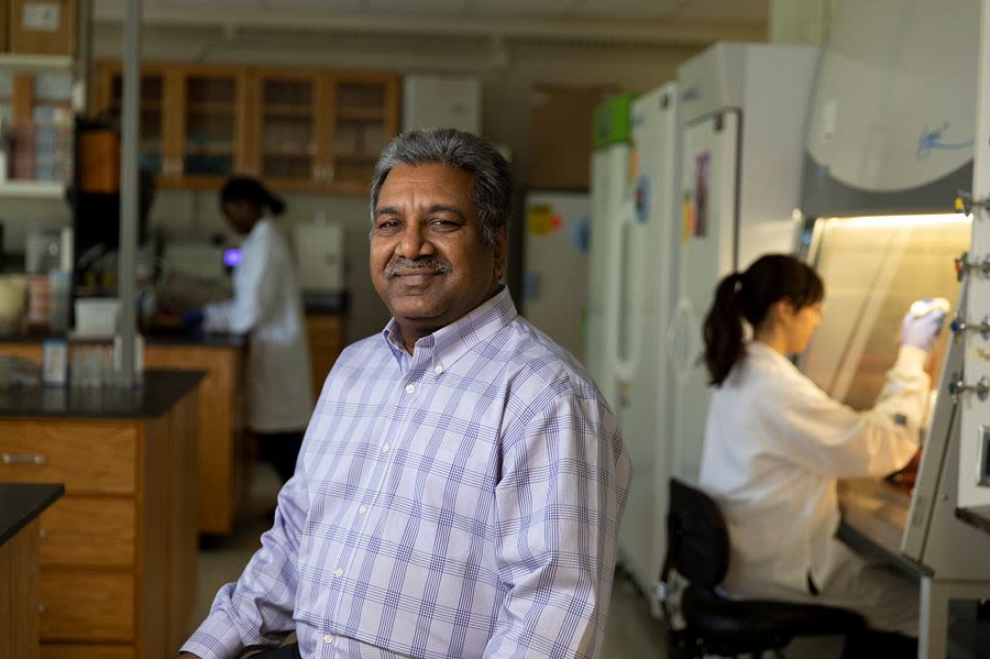 Professor Harsha Thippareddi wears a purple plaid button-down in the lab, where two students in lab coats are working in the background