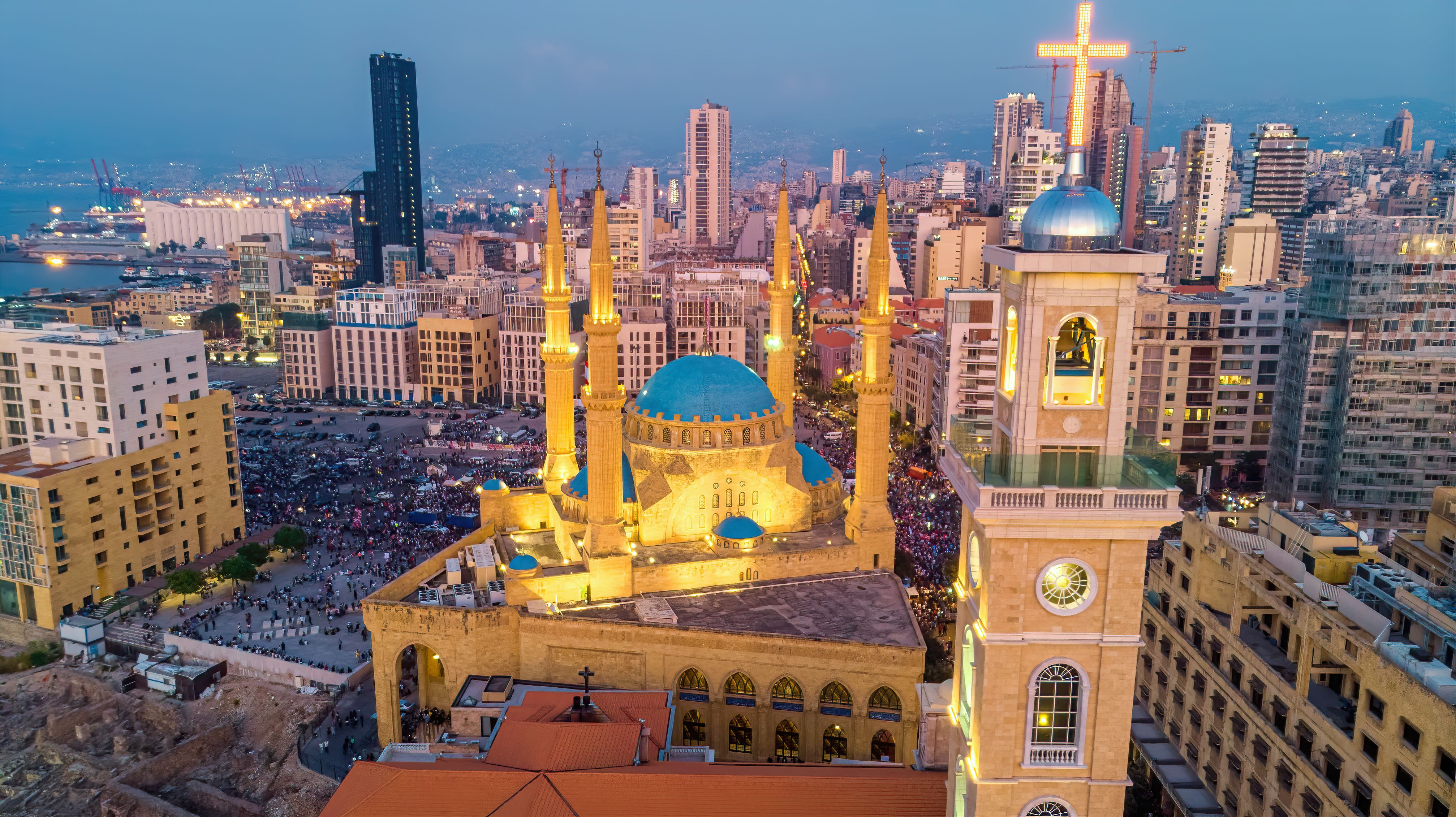 An aerial view of Beirut's downtown cityscape with the Mohammad al amin mosque in the foreground