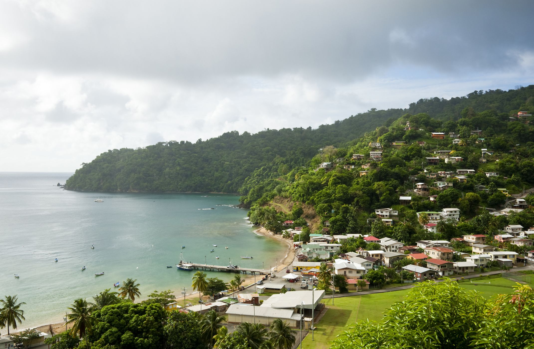 A community of homes built along the coastline and up the side of the mountain in Tobago