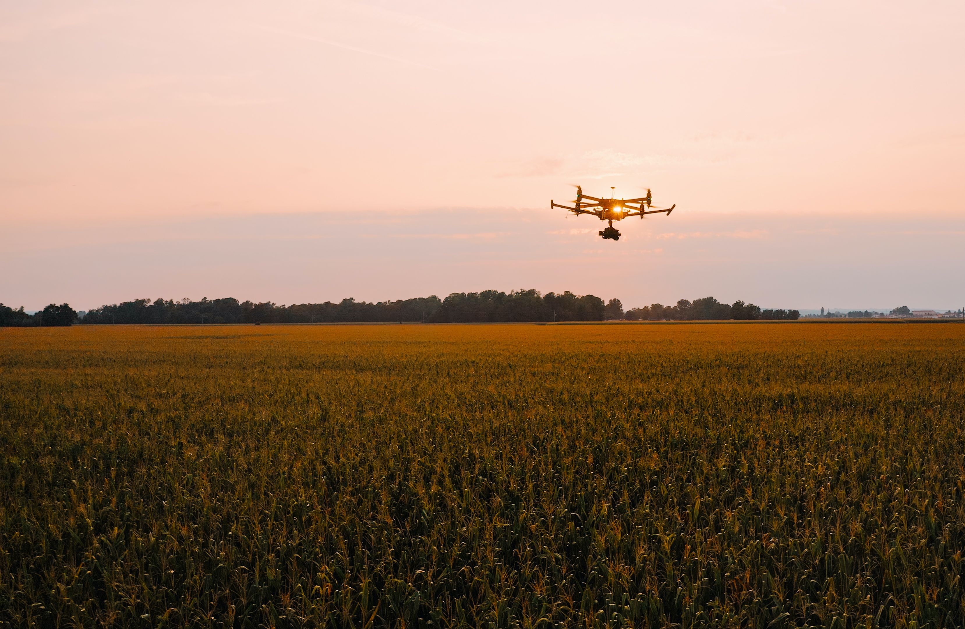 Landscape with a drone flying above a field during sunset with the sun shining in the background