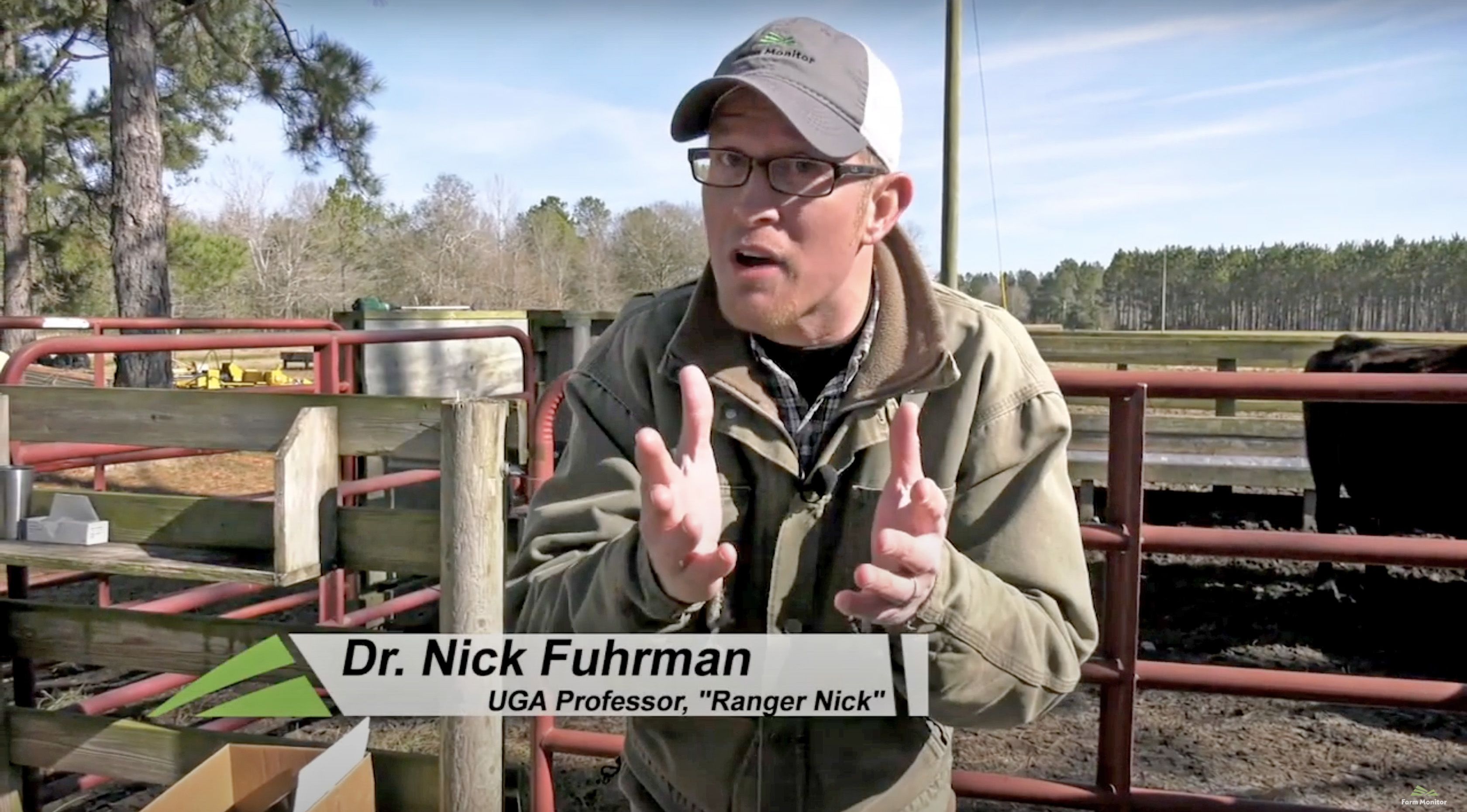 Fuhrman gesticulates while standing in front of a cow pasture. The on-screen text reads "Dr. Nick Fuhrman, UGA Professor, "Ranger Nick"