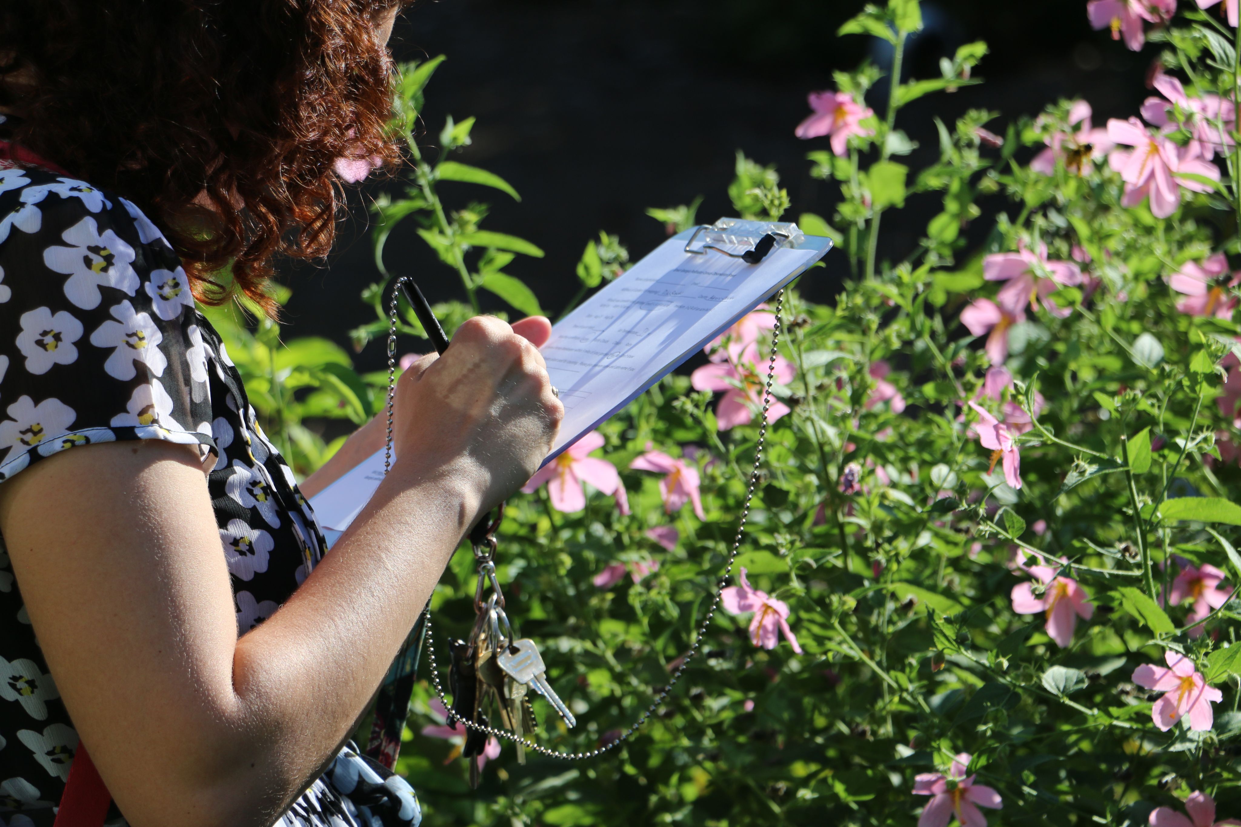 A woman records her findings during the pollinator census