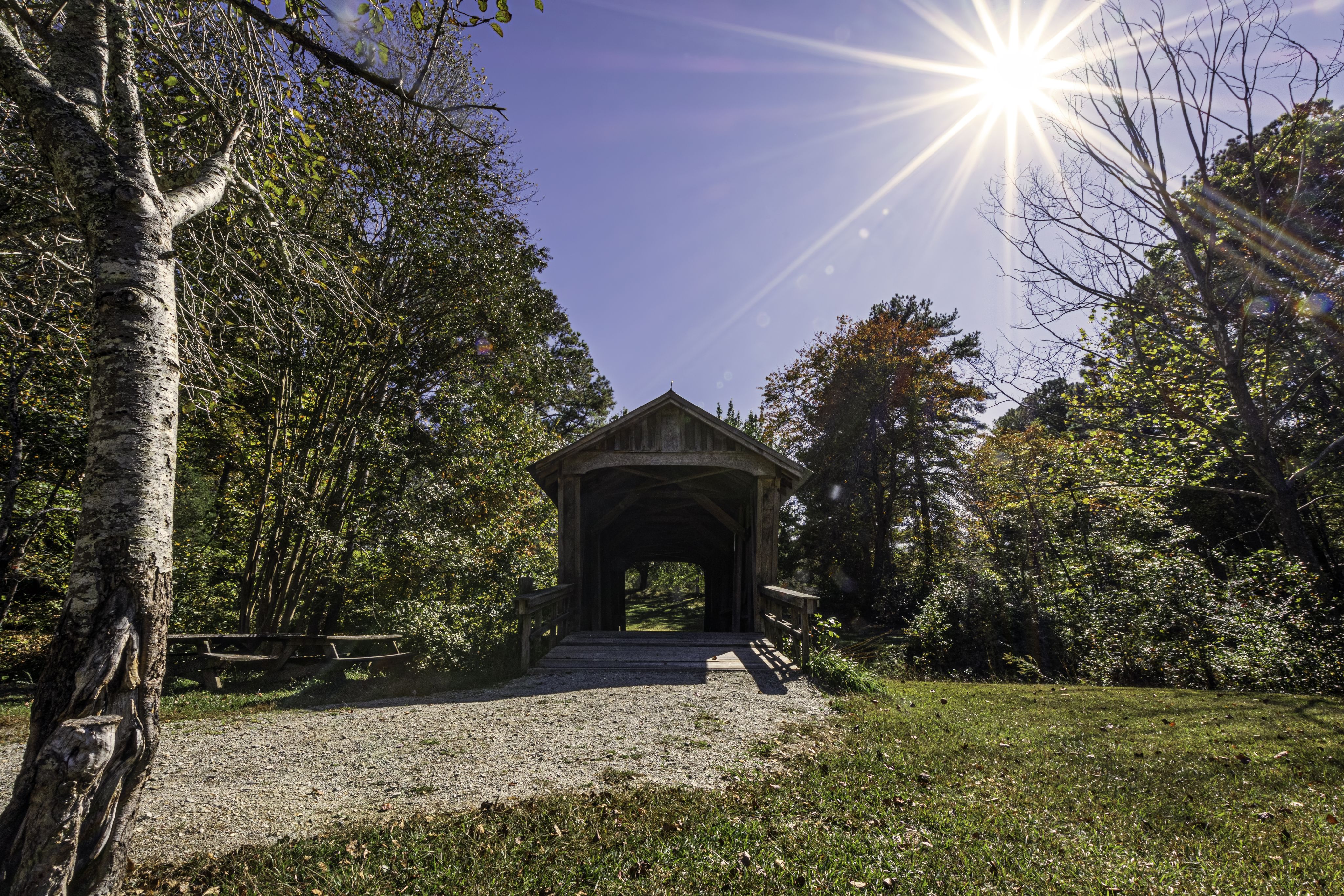 Carrollton, Georgia, USA-Oct. 20, 2022: View looking inside of the Shiloh Walking Trail Covered Bridge, built in 1993 and located behind the Shiloh United Methodist Church.